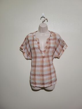 Lucky Brand Beige and White Plaid Split-Neck Blouse
